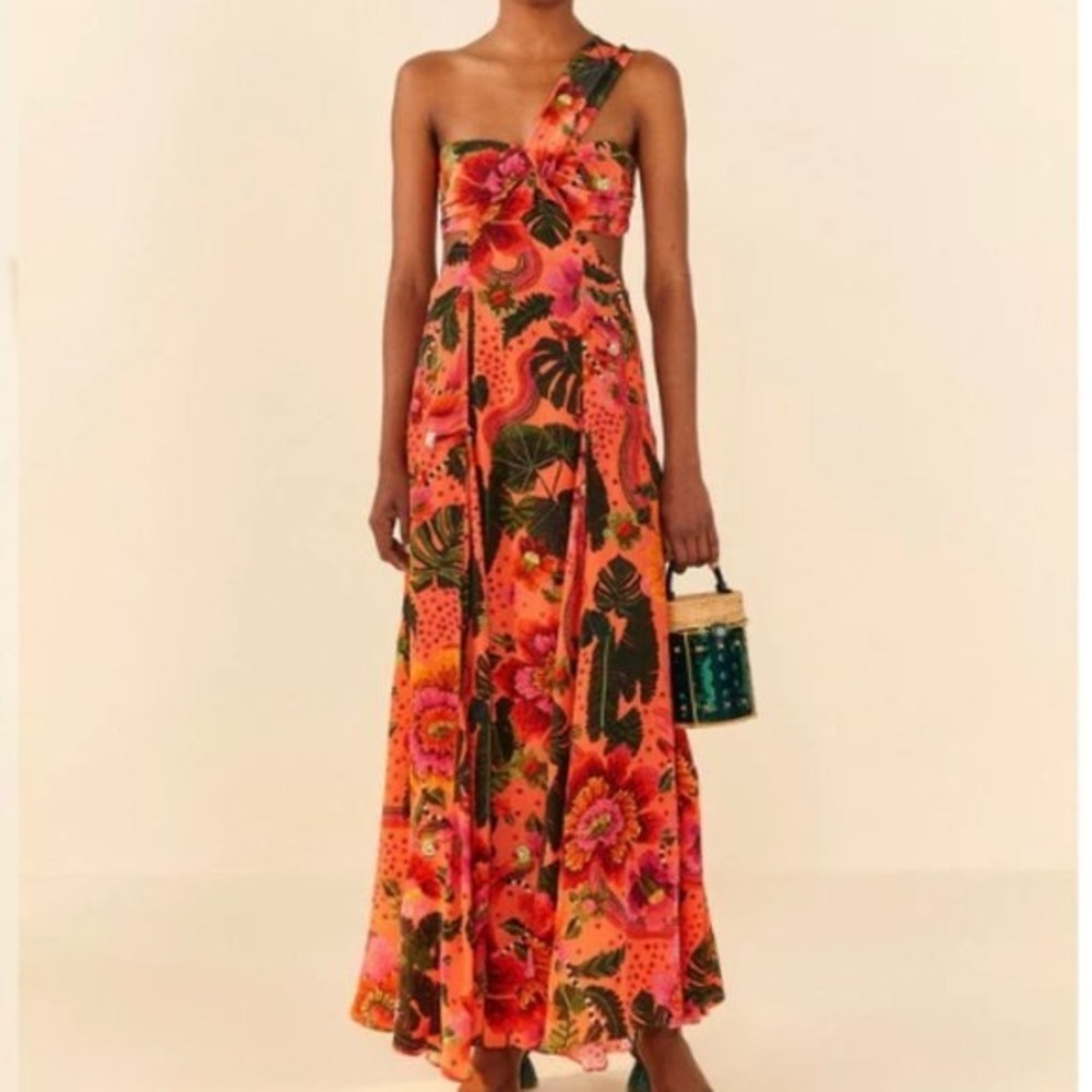 Farm Rio Orange Blooming Garden Maxi Dress Tropical Resort Vacation | Size XL - Picture 1 of 6